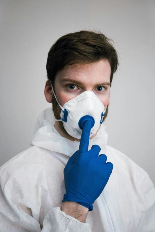 a man in a white shirt and blue gloves, reddit, plasticien, hand on cheek, industrial saliva, thumbnail, avatar image