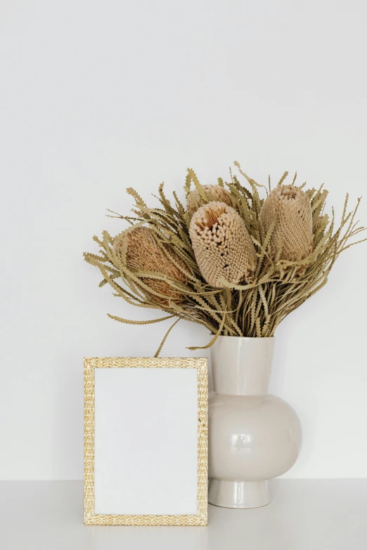 a white vase filled with dried flowers next to a picture frame, pexels contest winner, beige color scheme, with a white background, product introduction photo, square pictureframes