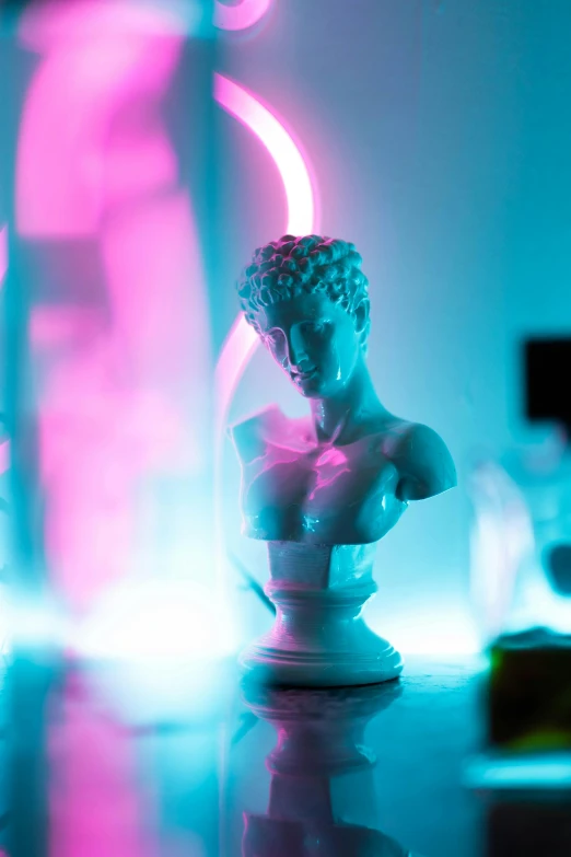a close up of a figurine on a table, inspired by Gustave Boulanger, unsplash, holography, vaporwave lights, bust view, various lighting mood, vaporwave mansion