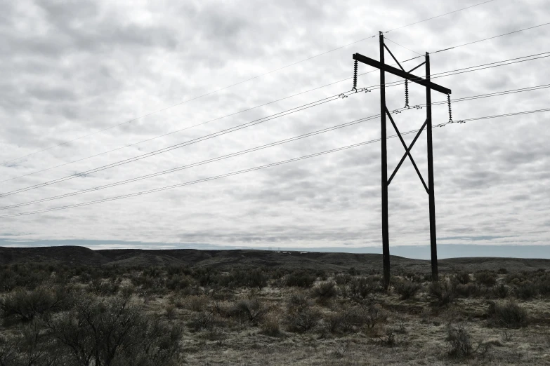 a black and white photo of power lines in the desert, by Ryan Pancoast, realism, eerie color, wyoming, gray sky, digital photo