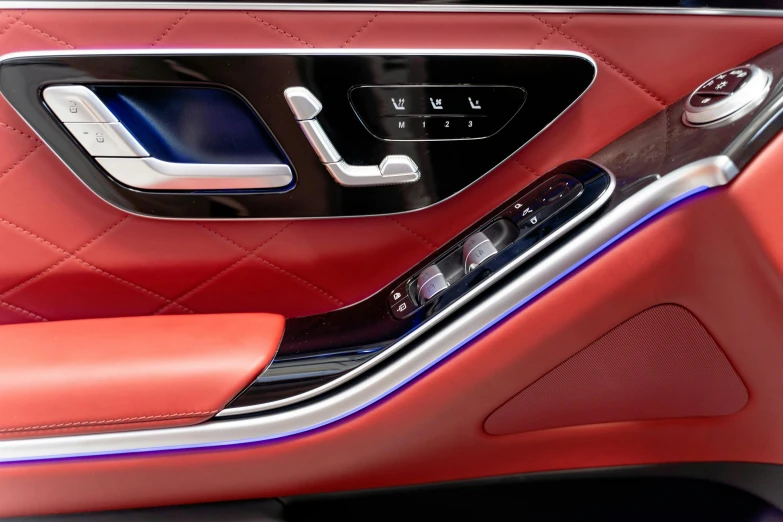 a close up of the interior of a car, a digital rendering, pexels, brand colours are red and blue, silver white gold red details, side lights, smooth panelling