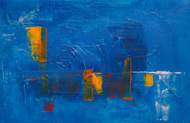 an abstract painting with blue and yellow colors, pexels contest winner, abstract art, blue!! with orange details, city, minimalistic painting, textured canvas