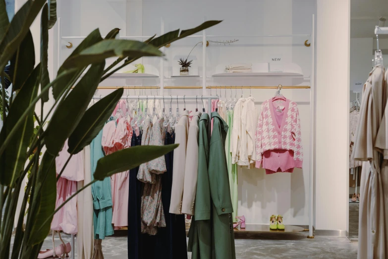 clothes hanging on a rack in a clothing store, by Emma Andijewska, gutai group, wearing a light - pink suit, green and pink, gemma chen, ivy's