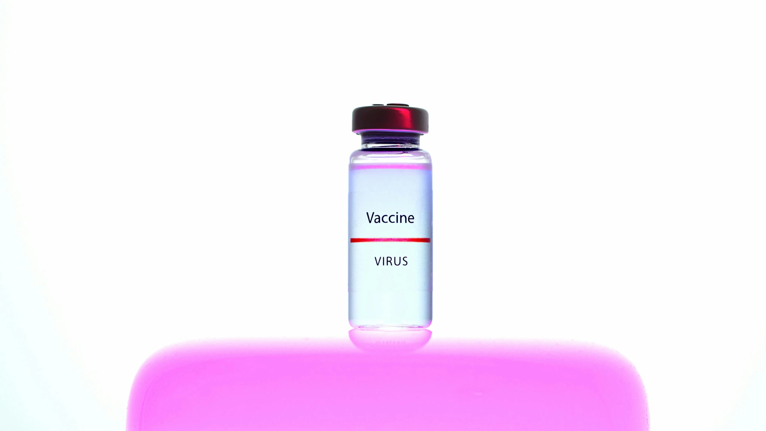 a bottle of vaccine sitting on top of a pink table, a digital rendering, pixabay, visual art, bright microscopic view realism, violet ants, high key detailed, tumours