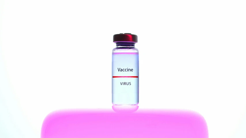 a bottle of vaccine sitting on top of a pink table, a digital rendering, pixabay, visual art, bright microscopic view realism, violet ants, high key detailed, tumours