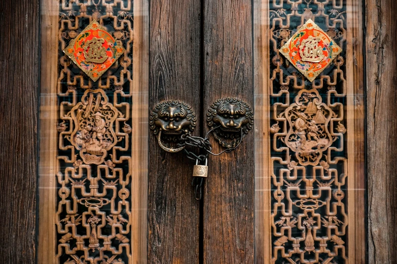 a close up of a door handle on a wooden door, an album cover, inspired by Wang Yi, pexels contest winner, cloisonnism, majestic occult gates, chinese armor, brown, delightful surroundings