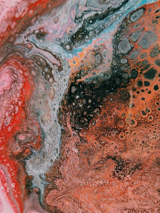 a close up of a red, black and white painting, trending on unsplash, metaphysical painting, oil slick nebula, gray and orange colours, bubbling skin, resin and clay art