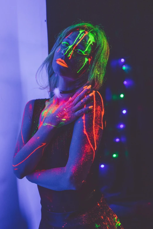 a woman with neon paint on her face, a colorized photo, trending on pexels, glowing veins, light dress, ((neon colors)), neon lamp