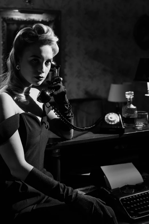 a woman sitting at a desk talking on a telephone, a black and white photo, inspired by George Hurrell, saoirse ronan, 1950s korean thriller film noir, julia garner, lady gaga as evita