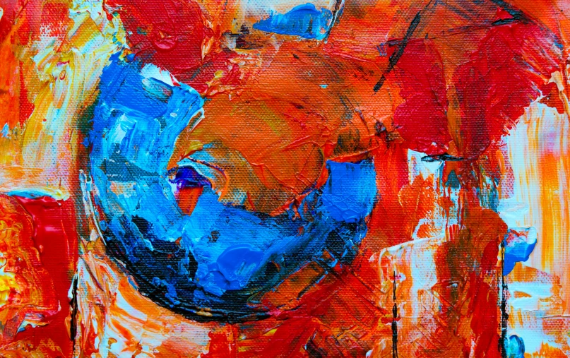 an abstract painting with red and blue colors, by Micha Klein, pexels, abstract art, ntricate oil painting, charming, blue and orange, jpeg artefacts on canvas