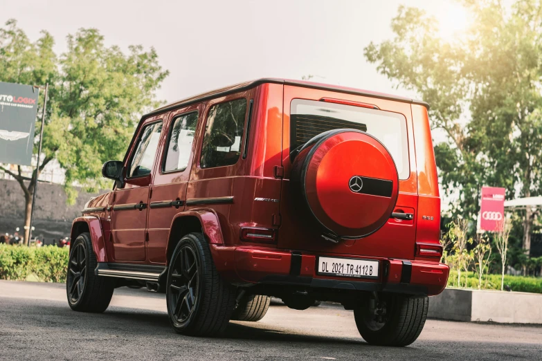 a red mercedes benz benz benz benz benz benz benz benz benz benz benz benz benz benz benz, pexels contest winner, mahindra thar, rear shot, with sleek lines and a powerful, hyper luxurious