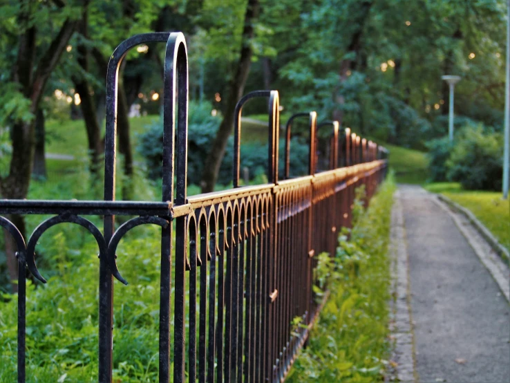 a red fire hydrant sitting on the side of a road, by Maksimilijan Vanka, pexels, arts and crafts movement, tree-lined path at sunset, iron railing, white picket fence, a green