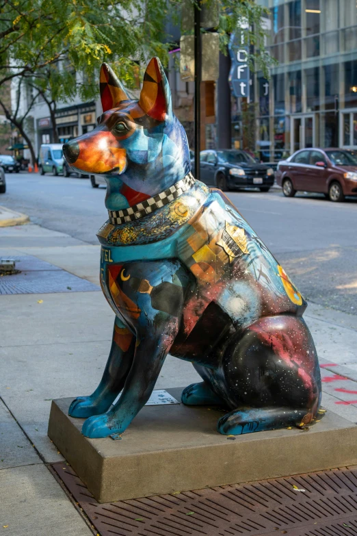 a statue of a dog sitting on a sidewalk, by Bernie D’Andrea, multicoloured, blue steel, chicago, k9