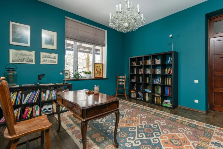 a living room filled with furniture and a chandelier, by Konrad Witz, unsplash contest winner, arts and crafts movement, wooden desks with books, turquoise color scheme, toy room, bogna gawrońska