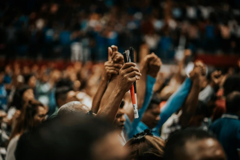 a crowd of people with their hands in the air, by Matija Jama, pexels contest winner, holding a scepter, standing in an arena, coloured, prayer hands