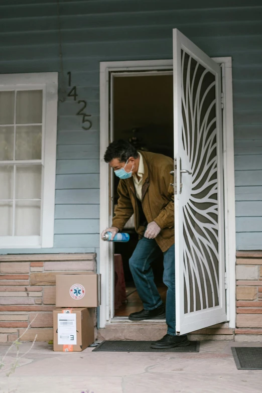 a man wearing a face mask opening a door, by Everett Warner, delivering mail, hoang lap, ted cruz, slide show