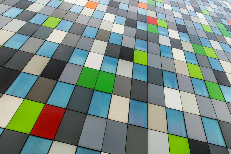 a multicolored building with a sky in the background, a mosaic, inspired by Mondrian, unsplash, color field, green square, metal cladding wall, tileable, 3 colour print