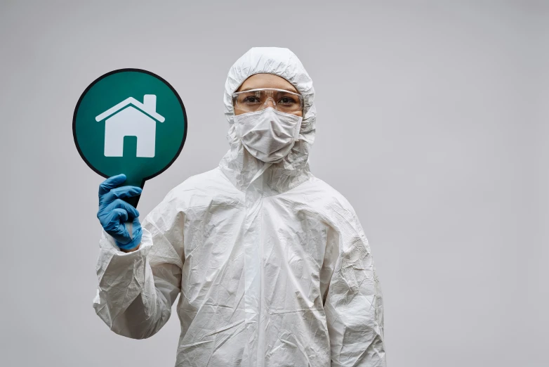 a man in a hazmat suit holding a sign, trending on pexels, renaissance, house, round, avatar image, white and teal garment