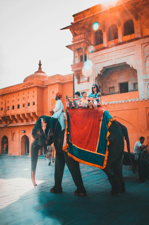 a group of people riding on the back of an elephant, pexels contest winner, renaissance, red castle in background, indian, gif, fashionable