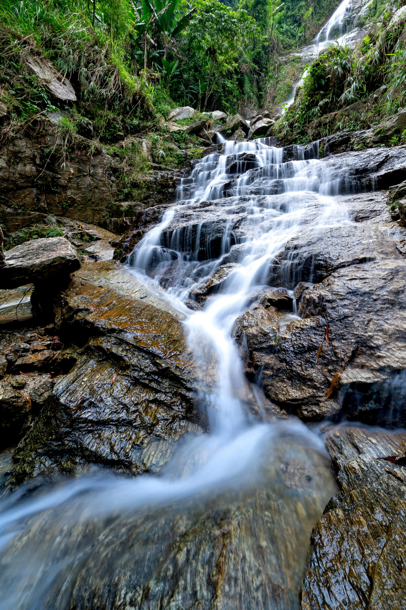 a waterfall flowing through a lush green forest, unsplash, wet rocks, slide show, malaysia jungle, pov photo