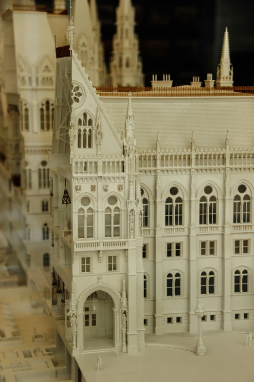 a close up of a model of a building, inspired by Mihály Munkácsy, spectacular details, budapest, gothic library, white buildings