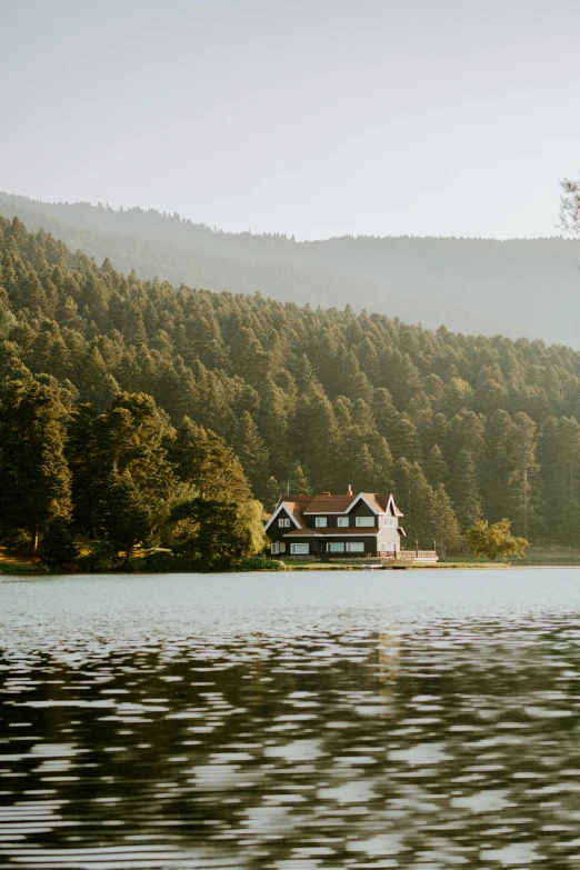 a house sitting on top of a lake next to a forest, body of water, natural morning light, spain, cottagecore