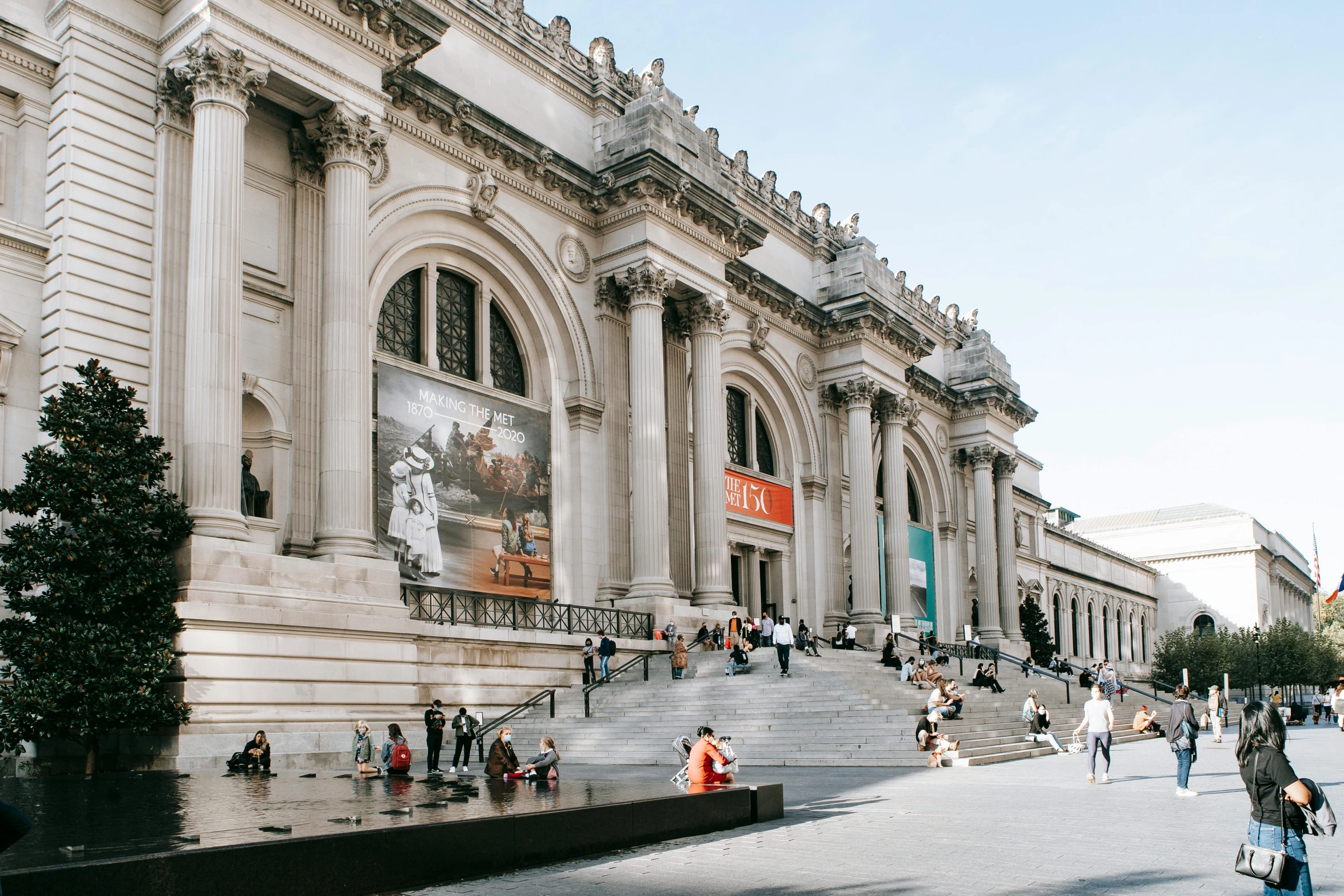 a group of people that are standing in front of a building, a marble sculpture, visual art, the met museum, a quaint, al fresco, artwork of a building