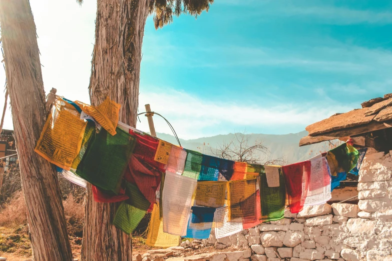 a bunch of prayer flags hanging from a tree, pexels contest winner, on a sunny day, thumbnail, colourful clothing, multiple stories