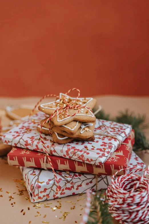 a pile of wrapped presents sitting on top of a table, cookies, orange and white, botanicals, starry