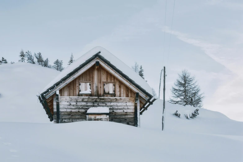 a small cabin sitting on top of a snow covered slope, pexels contest winner, renaissance, moody : : wes anderson, old house, austrian architecture, conde nast traveler photo