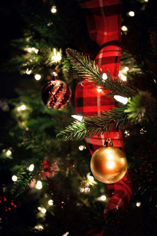 a close up of a christmas tree with lights, tartan vestments, ornament, flannel, profile image