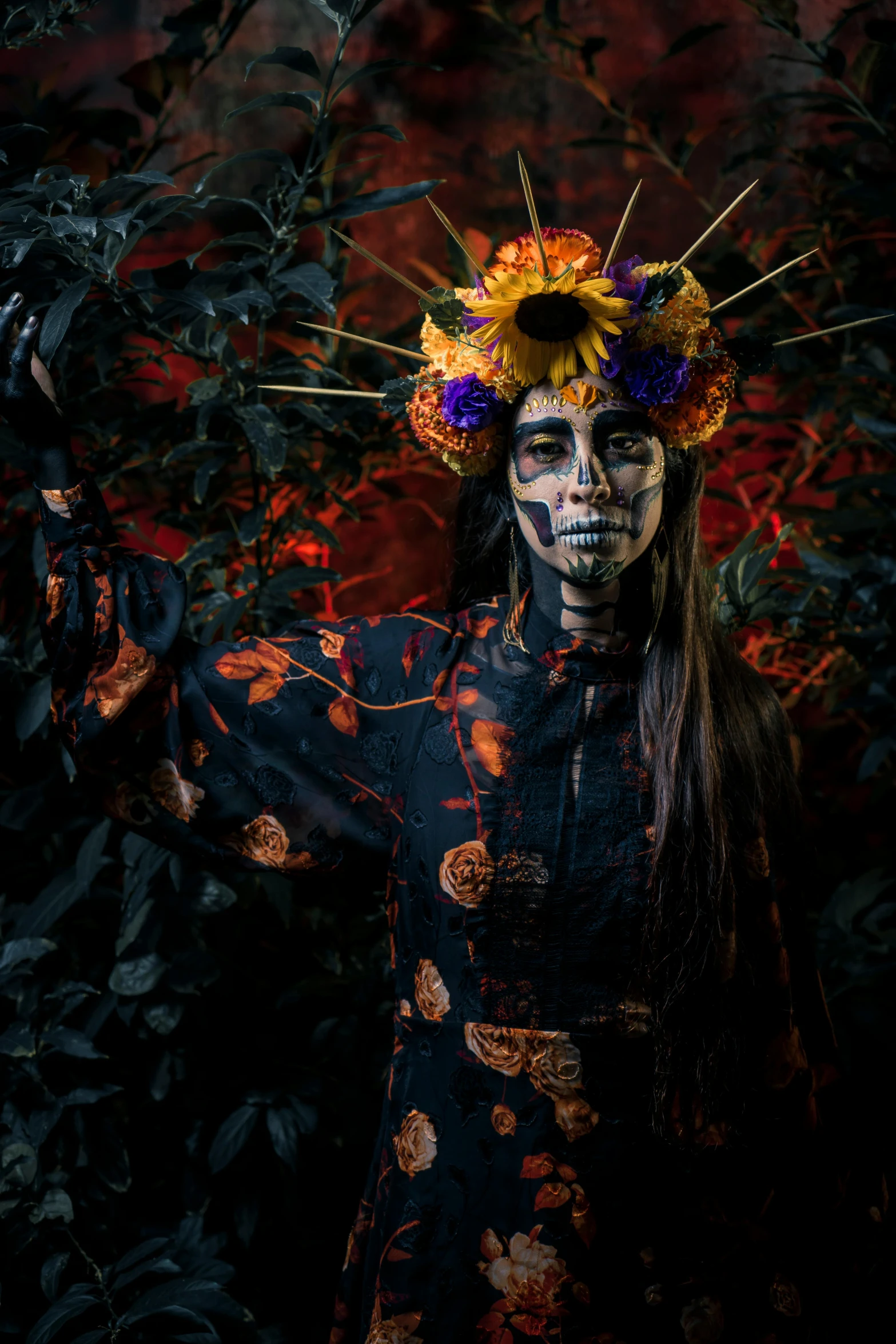 a woman with makeup and flowers in her hair, by Heather Hudson, pexels contest winner, gothic art, tibetan skeleton dancer, full body and head shot, beautiful male god of death, loba andrade from apex legends