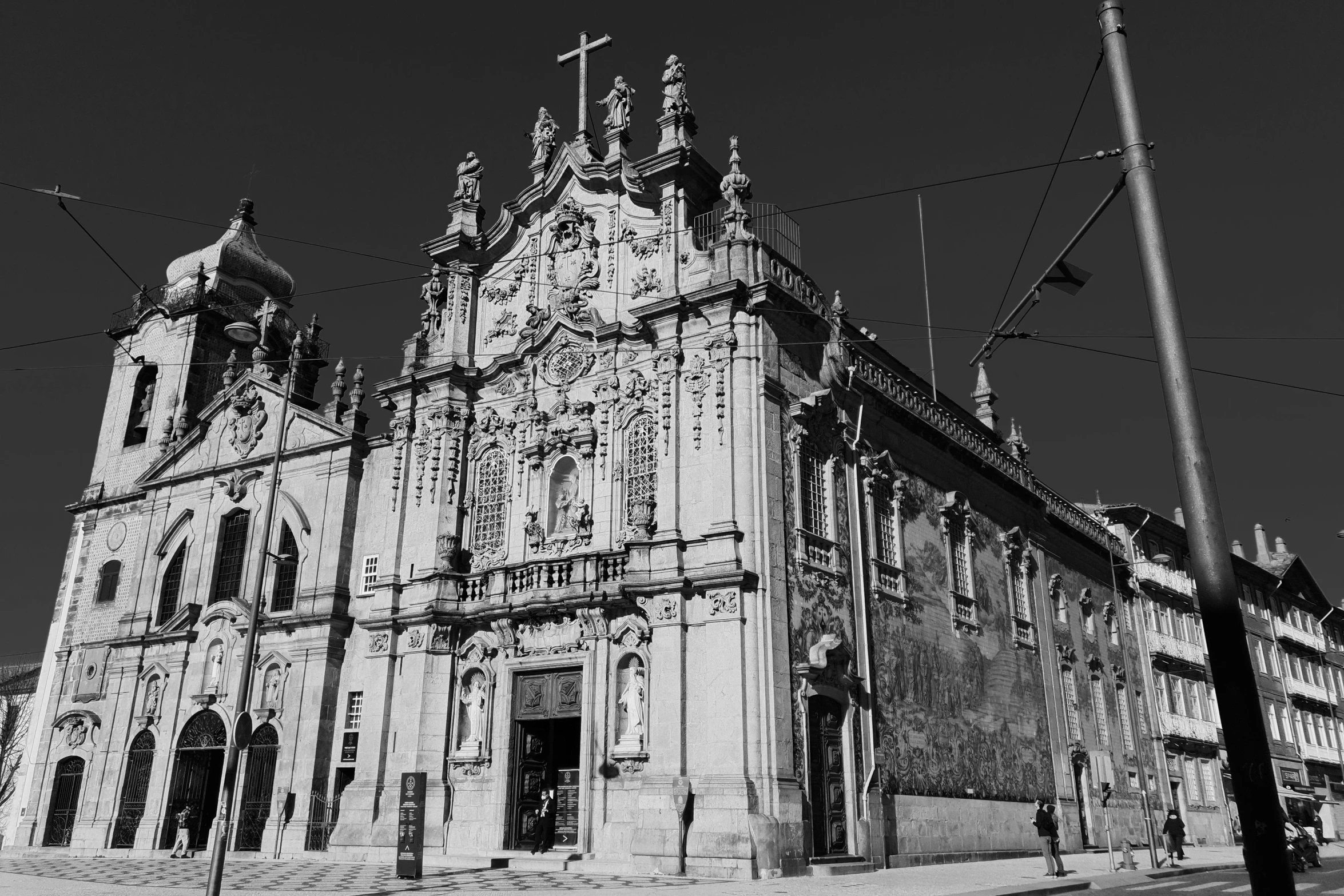 a black and white photo of a church, by Giorgio Cavallon, pexels contest winner, baroque, azulejo, square, high quality image, ornately dressed