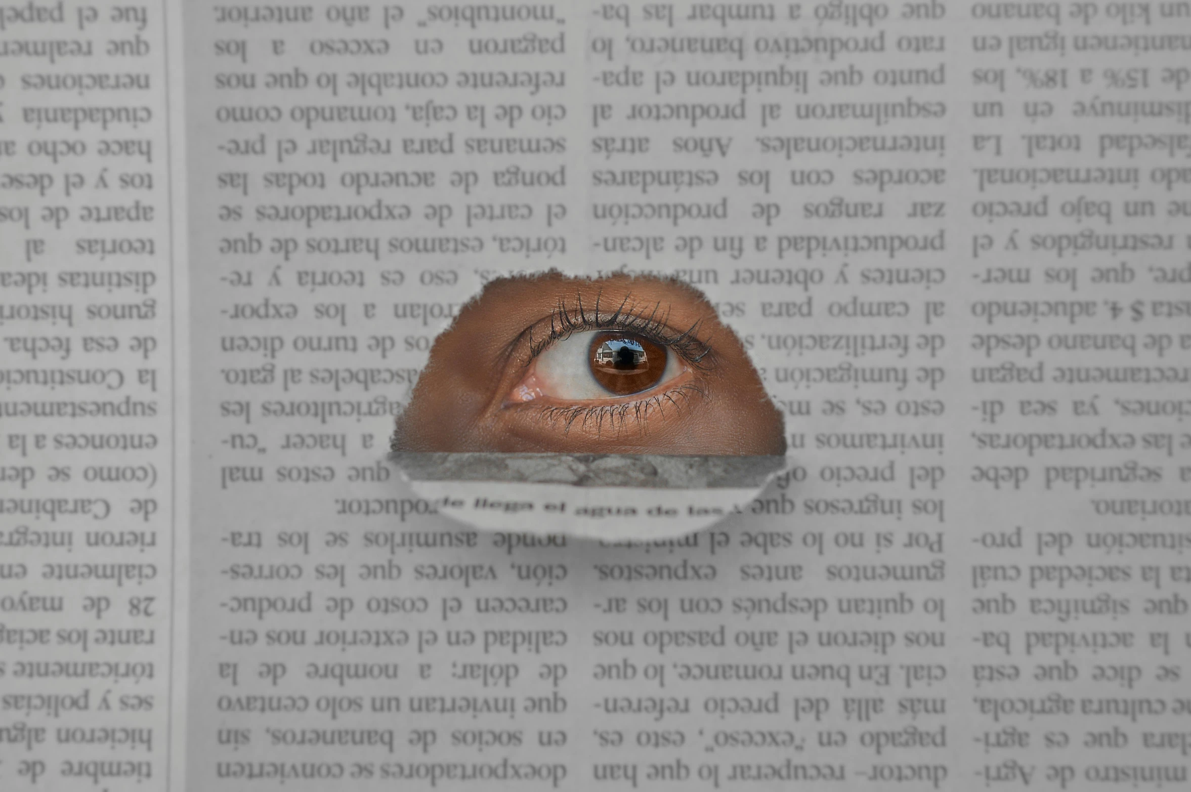 a person looking through a hole in a newspaper, by Siona Shimshi, trending on pexels, analytical art, realistically rendered eyes, ( brown skin ), word, book portrait