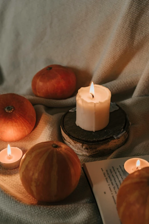 a book sitting on top of a bed next to a lit candle, a still life, trending on pexels, renaissance, pumpkins, profile image, pastel', center of image