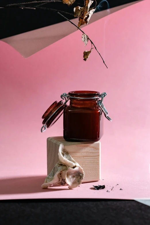 a jar of jam sitting on top of a wooden block, a still life, by Doug Ohlson, unsplash, assemblage, floating in perfume, matt mute colour background, with seaweed, yael shelbia