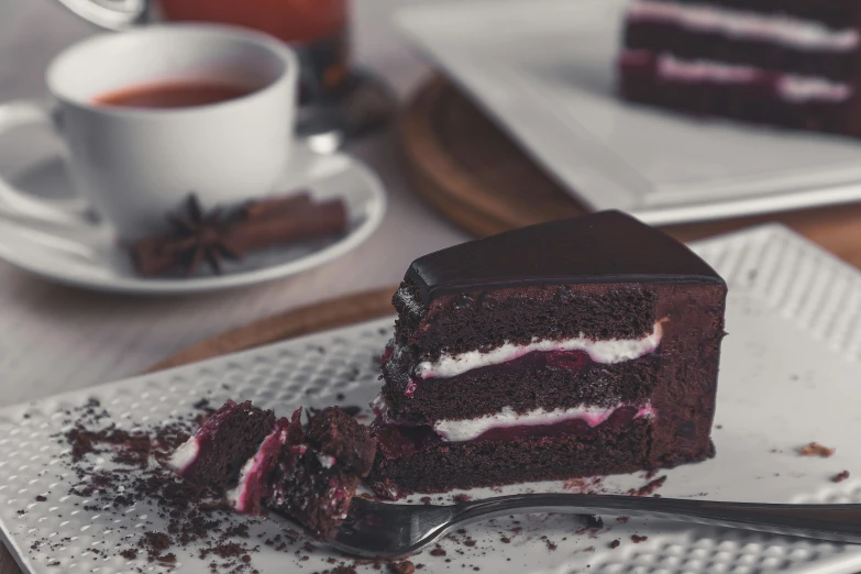 a piece of chocolate cake sitting on top of a white plate, unsplash, pink, tea party, multiple layers, high quality product image”