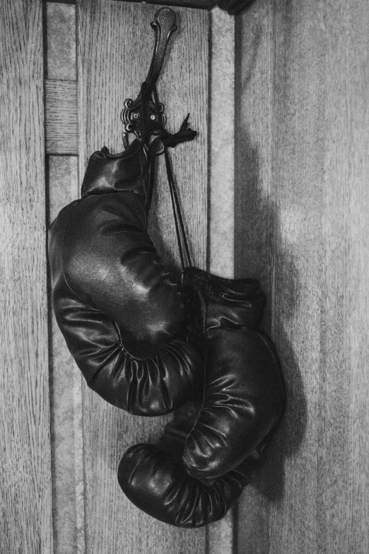 a pair of boxing gloves hanging on a wall, a surrealist sculpture, inspired by Hans Bellmer, ( ( photograph ) ), british pathe archive, leather pouch, sardax