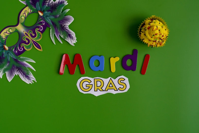 a sign that says mardi gras next to a flower, trending on pexels, graffiti, background image, classroom background, fake grass, clay animation