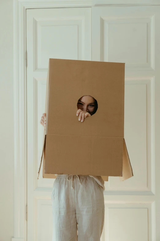 a person holding a cardboard box over their head, by Matija Jama, pexels contest winner, minimalism, high quality costume, keyhole, asian girl, wearing a baggy