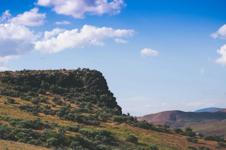 a herd of cattle grazing on a lush green hillside, an album cover, unsplash, rocky desert, background image, castle on the mountain, idaho