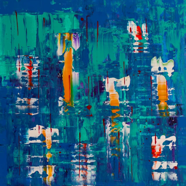 an abstract painting with blue and orange colors, inspired by Gerhard Richter, pexels, abstract art, floating. greenish blue, 144x144 canvas, big city, happy birthday