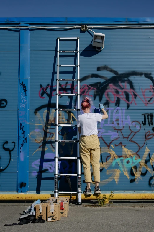 a man that is standing on a ladder, a portrait, pexels, graffiti, pastel', photograph, bay area, rectangle