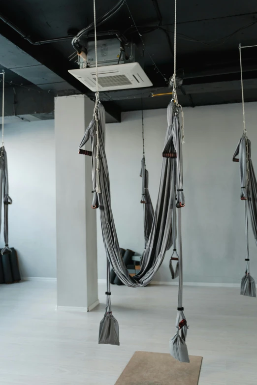 a room with several hammocks hanging from the ceiling, inspired by Bela Čikoš Sesija, workout, grayish, profile image, hoses