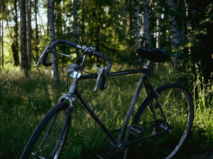 a bike that is sitting in the grass, by Jaakko Mattila, pexels contest winner, evening!! in the forest, proper shading, sport, wide screenshot