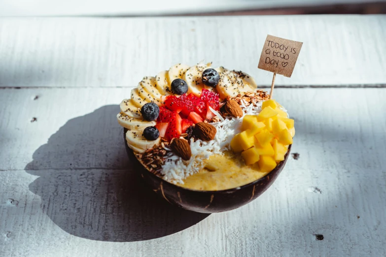 a close up of a bowl of food on a table, trending on unsplash, hurufiyya, tropical fruit, daily specials, 🦩🪐🐞👩🏻🦳, cutout