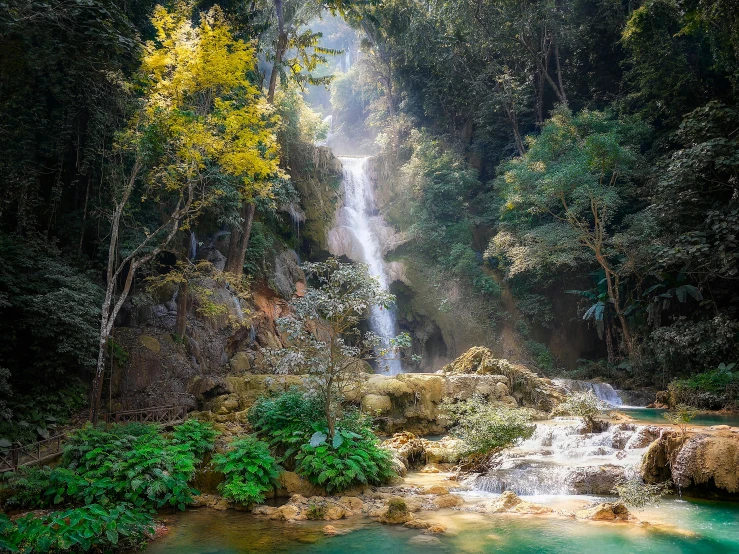 a waterfall in the middle of a lush green forest, a picture, inspired by Steve McCurry, unsplash contest winner, sumatraism, laos, lpoty, bright sunny day, liquid gold