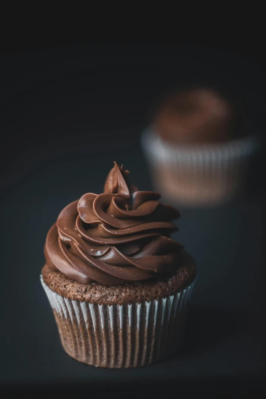 a close up of a cupcake with chocolate frosting, pexels, paul barson, dark chocolate hair colour, charts, dark backdrop