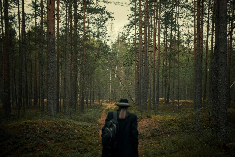 a man standing in the middle of a forest, an album cover, by Jaakko Mattila, unsplash, a suited man in a hat, detective thriller, still image from tv series, walking away from camera