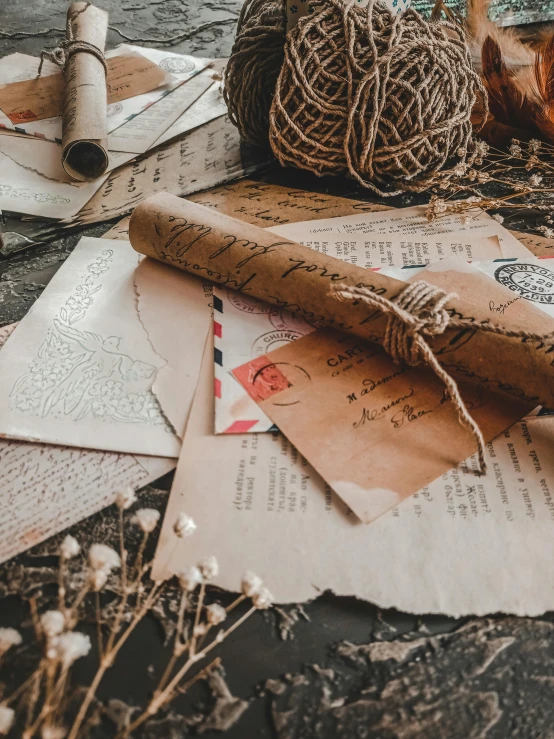 a bunch of papers sitting on top of a table, by Emma Andijewska, pexels contest winner, mail art, brown, magical details, background image, detailed string text